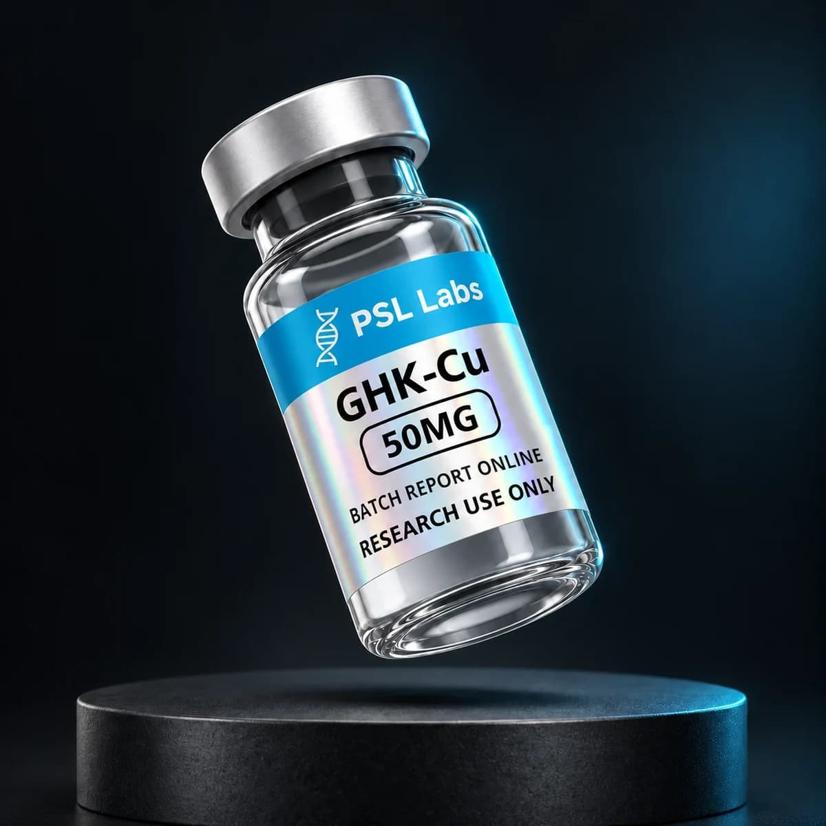 Illustrative PSL Labs GHK-Cu 50 mg vial with corrected batch-report label; physical packaging may differ