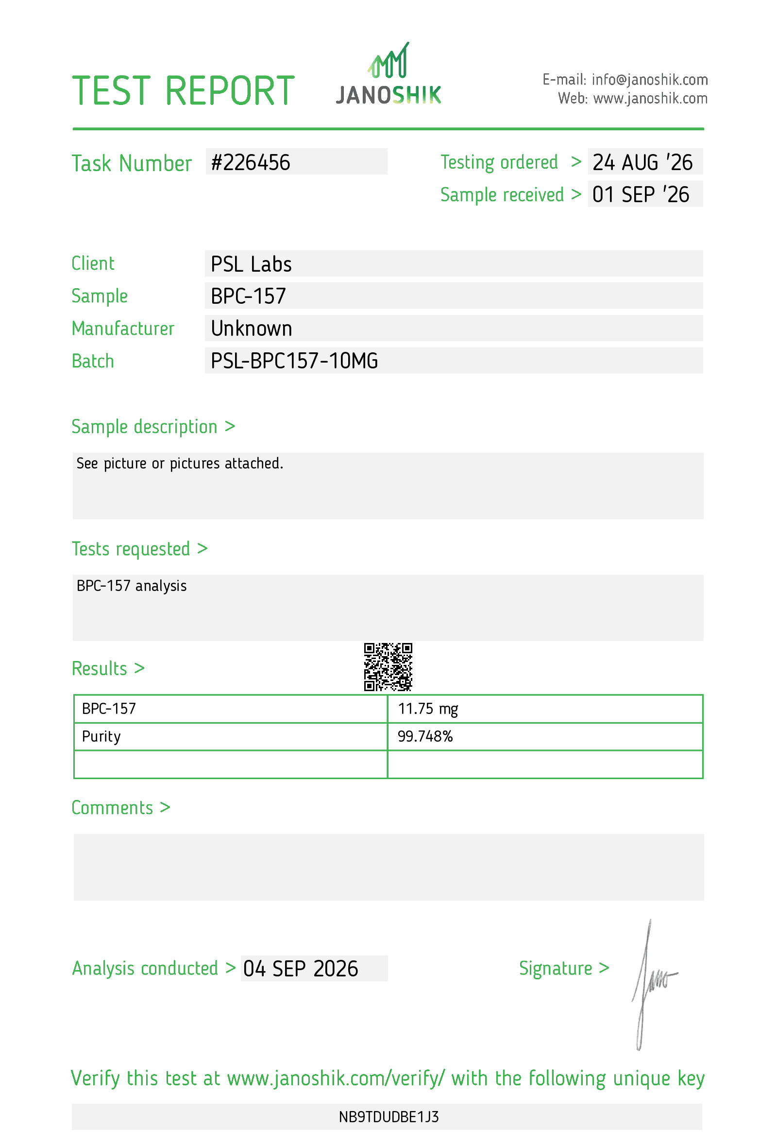 Original Janoshik laboratory test report for PSL Labs BPC-157, Batch PSL-BPC157-10MG, Task Number 226456. Laboratory-reported identity BPC-157, amount 11.75 mg, purity 99.748%. Analysis conducted September 4, 2026.