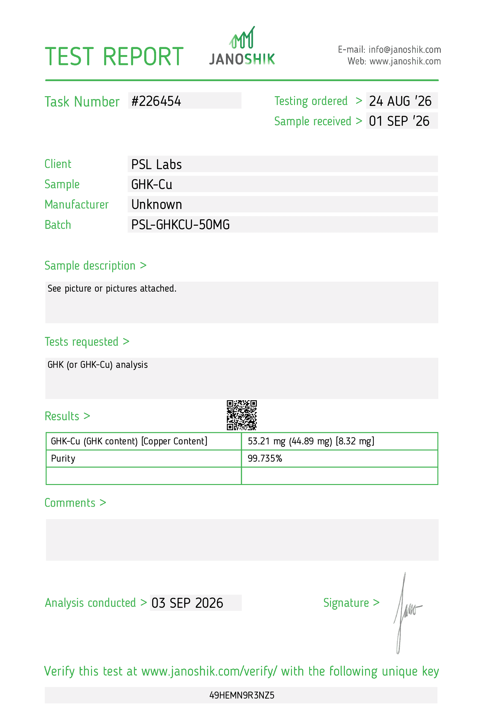 Original Janoshik laboratory test report for PSL Labs GHK-Cu, Batch PSL-GHKCU-50MG, Task Number 226454. Laboratory-reported identity GHK-Cu, amount 53.21 mg (GHK content 44.89 mg, copper 8.32 mg), purity 99.735%. Analysis conducted September 3, 2026.