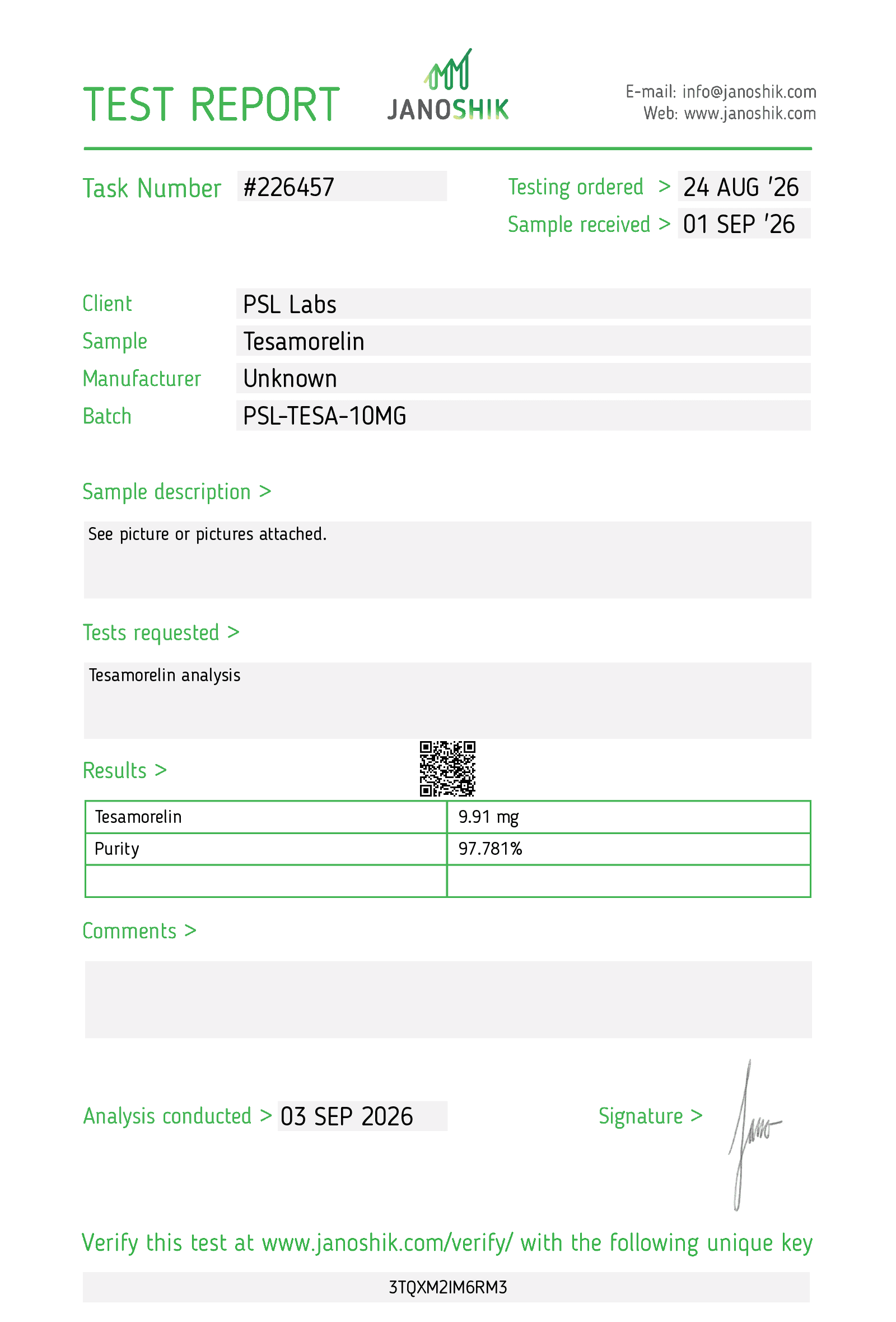 Original Janoshik laboratory test report for PSL Labs Tesamorelin, Batch PSL-TESA-10MG, Task Number 226457. Laboratory-reported identity Tesamorelin, amount 9.91 mg, purity 97.781%. Analysis conducted September 3, 2026.