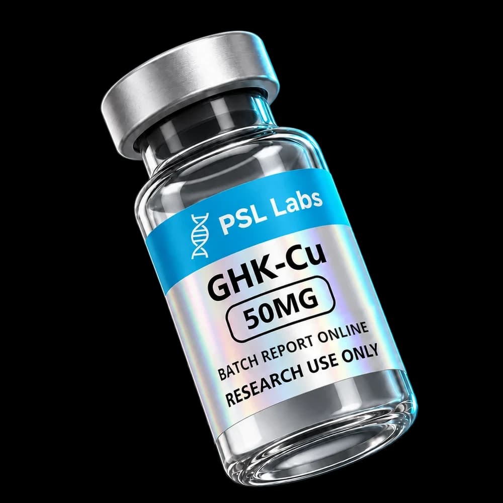 Illustrative PSL Labs GHK-Cu 50 mg vial with corrected batch-report label; physical packaging may differ