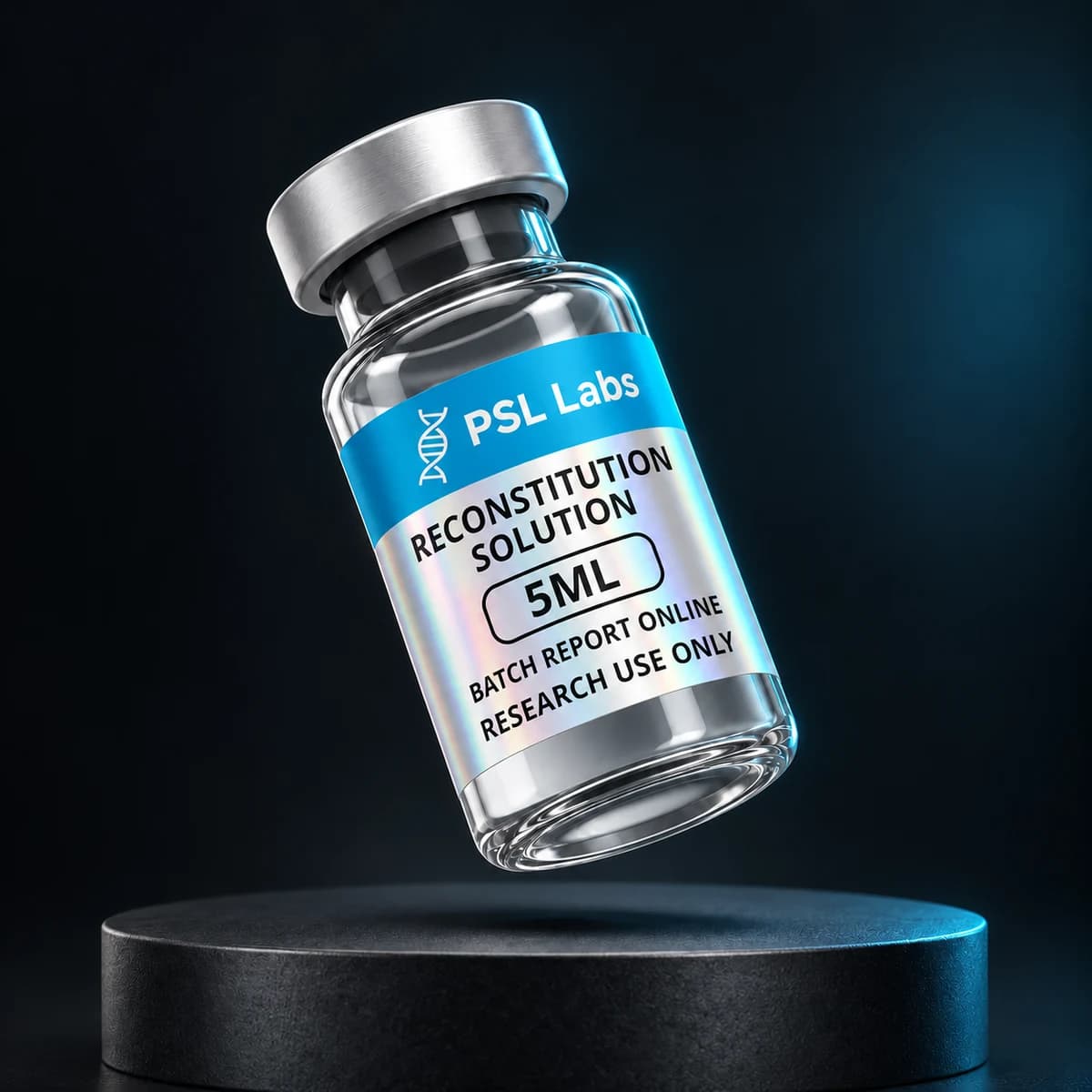 Illustrative PSL Labs Reconstitution Solution 5 ml vial with corrected batch-report label; physical packaging may differ