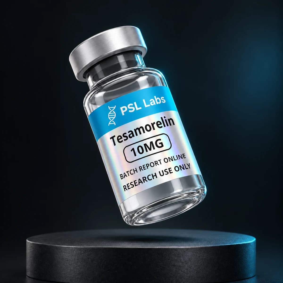 Illustrative PSL Labs Tesamorelin 10 mg vial with corrected batch-report label; physical packaging may differ